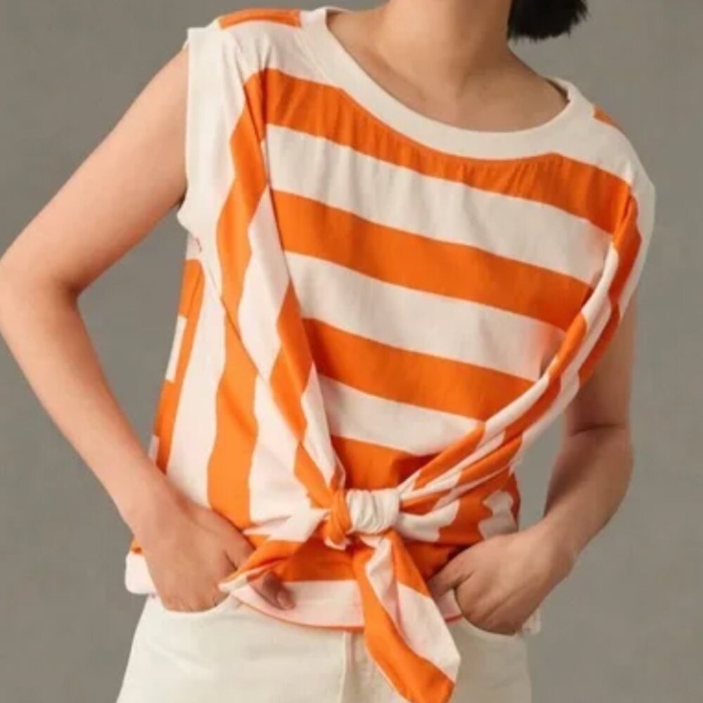 Maeve by Anthropologie Orange and White Striped Sleeveless Tie Front Wrap Tee NW